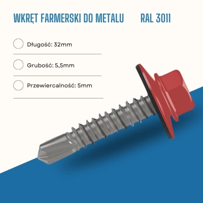 Wkręt farmerski do metalu 5,5x32 mm przewiercalność 5 mm w kolorze RAL 3011